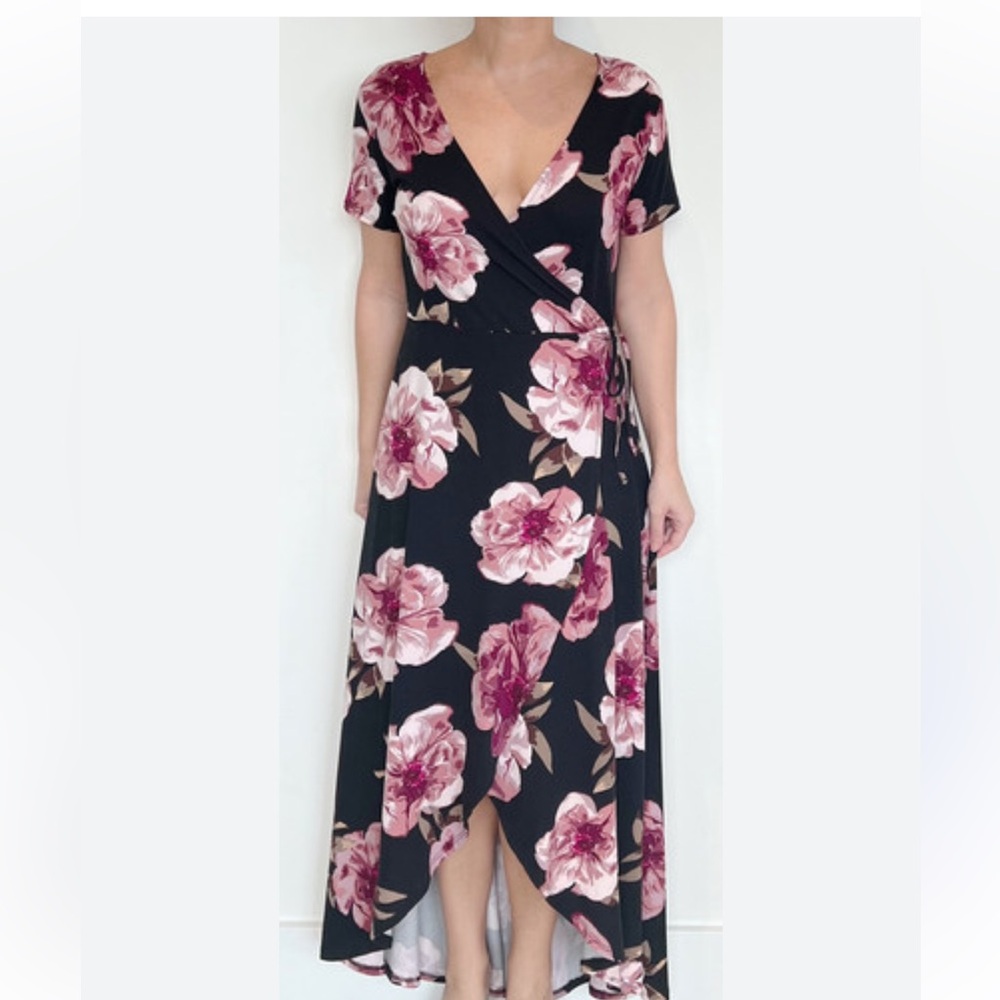 High low, mock wrap dress